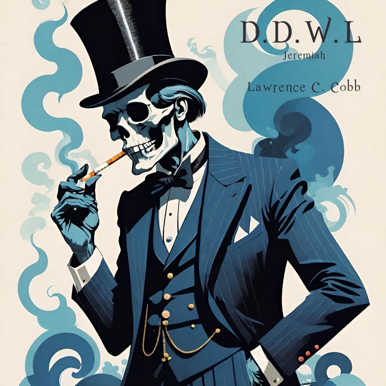A skeleton in a blue pinstripe suit smoking against a cream background of swirls