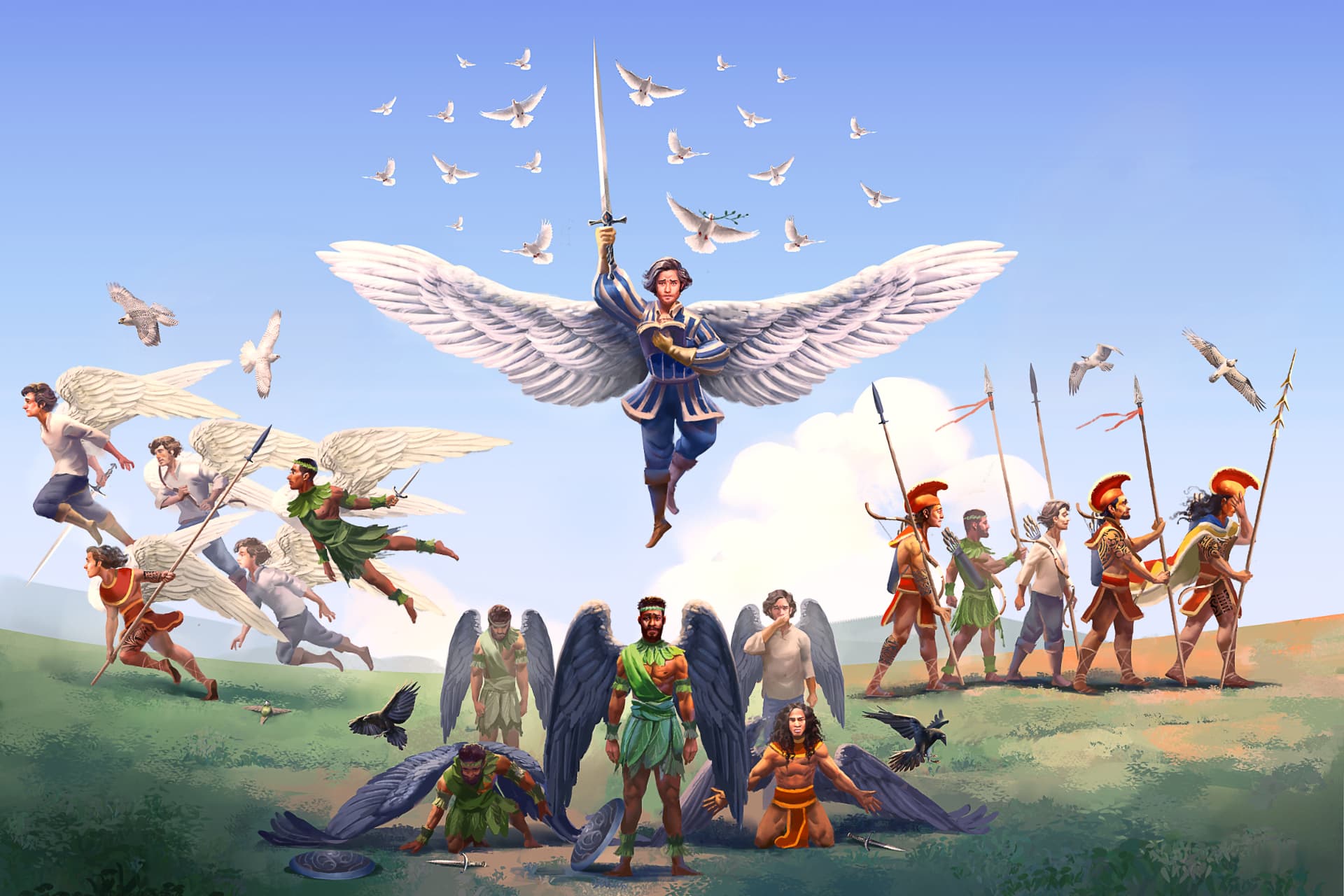 A winged figure holding a book and sword amid an assembly of wings and spears