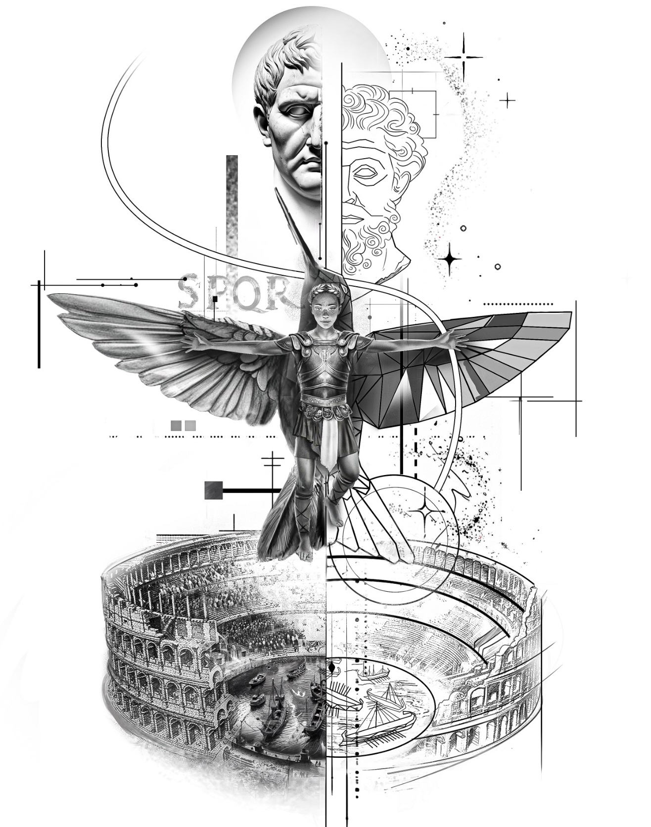 A winged figure in Roman armour before a hummingbird and coliseum