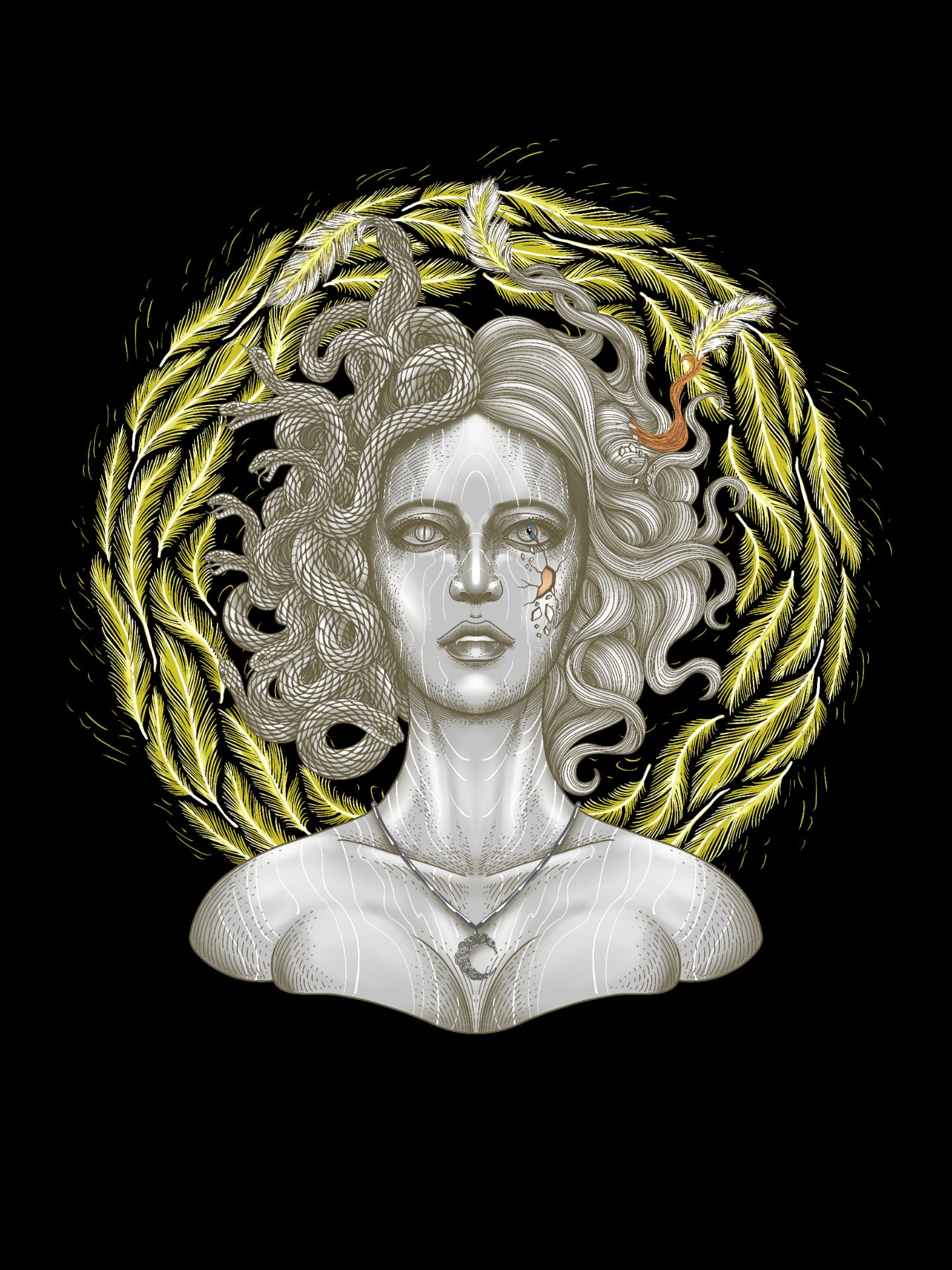 A gorgon crowned by a halo of golden feathers